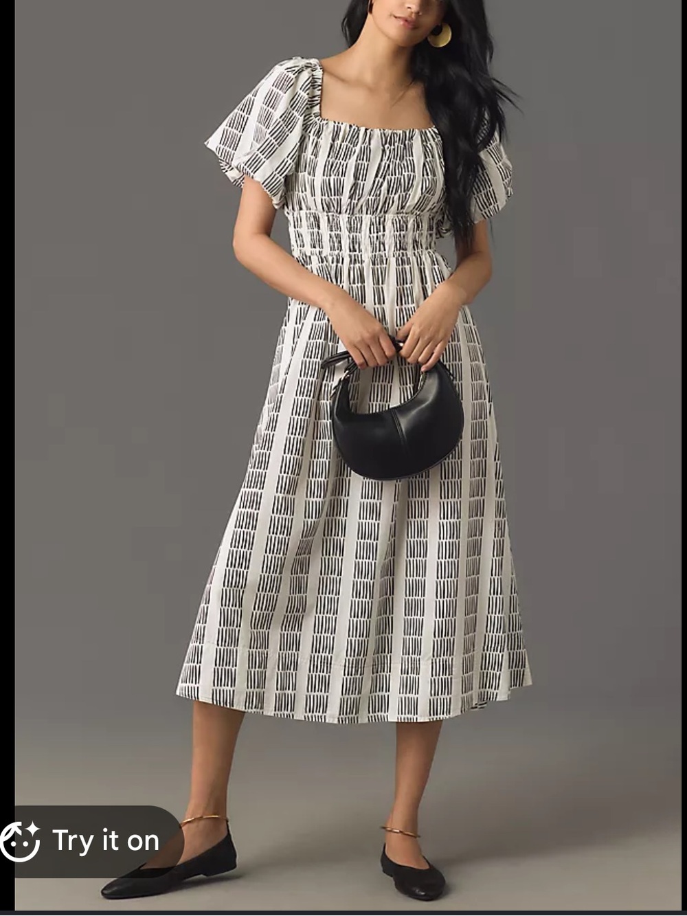 Anthropologie Maeve Puff-Sleeve Square-Neck Smocked Midi Dress blue black m